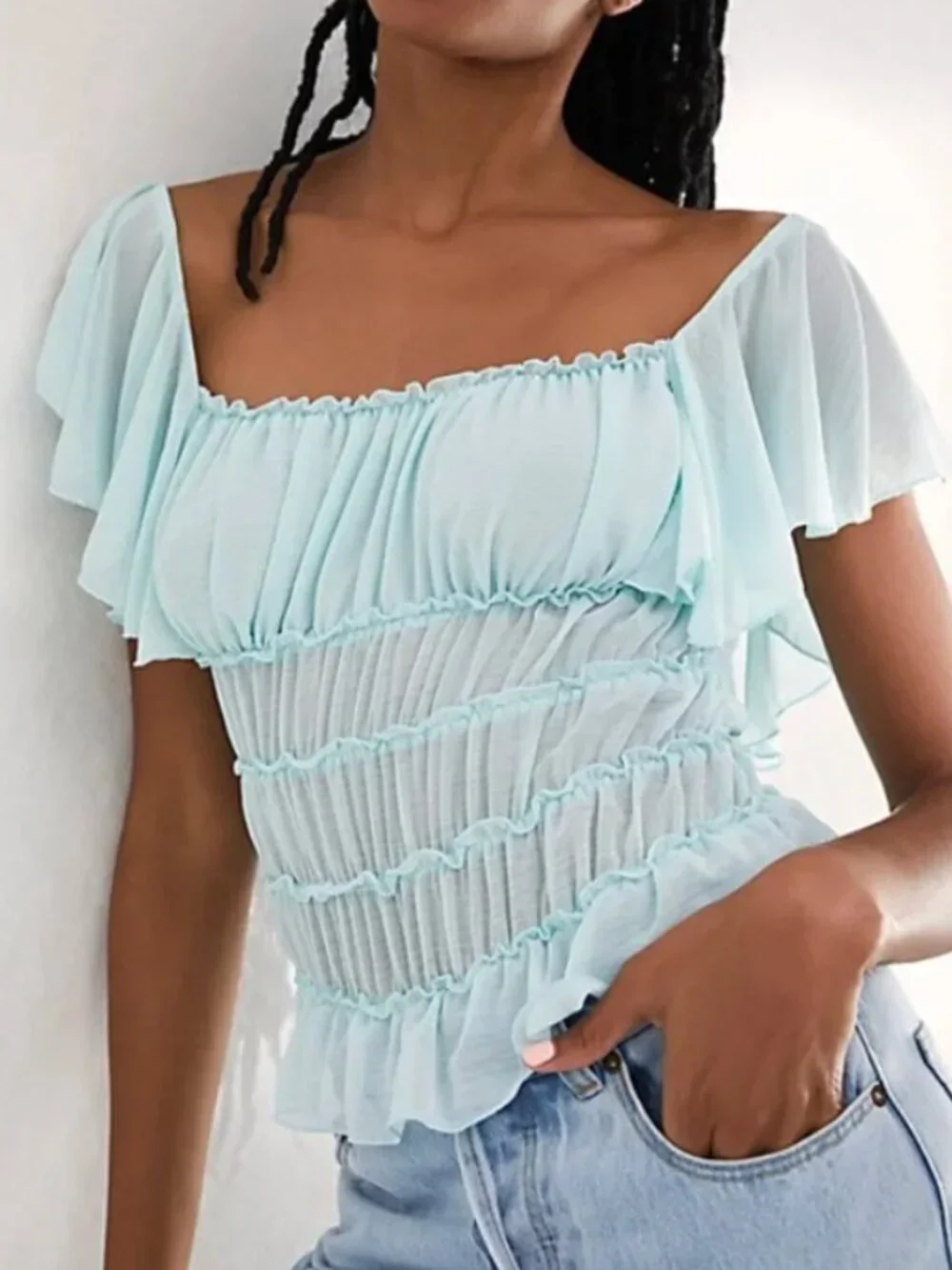 Free People Intimately Juliet Sheer Ruffle Bodysuit | Size M | Blue - Picture 1 of 6